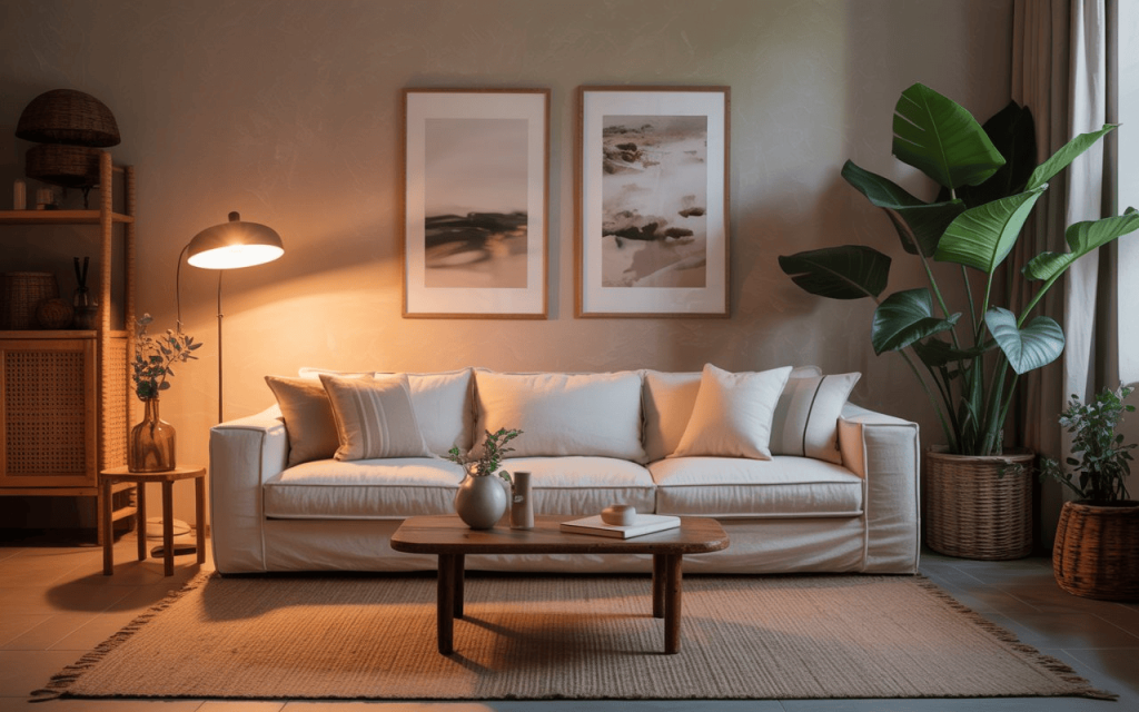 Modern wabi sabi interior design with a cream sofa, jute rug, and warm floor lamp glow.