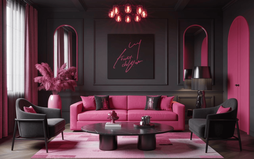 Bold hot pink and black living room ideas featuring a vibrant sofa and dark walls.