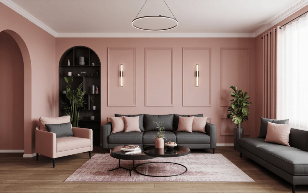 Chic living room ideas pink and grey style with charcoal sofas and blush wall panels.