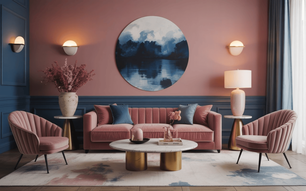High-end pink and blue living room ideas with a velvet sofa and navy wall panels.