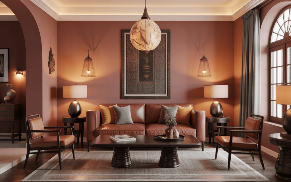 Warm pink and brown living room ideas showcasing leather seating and dark wood accents.