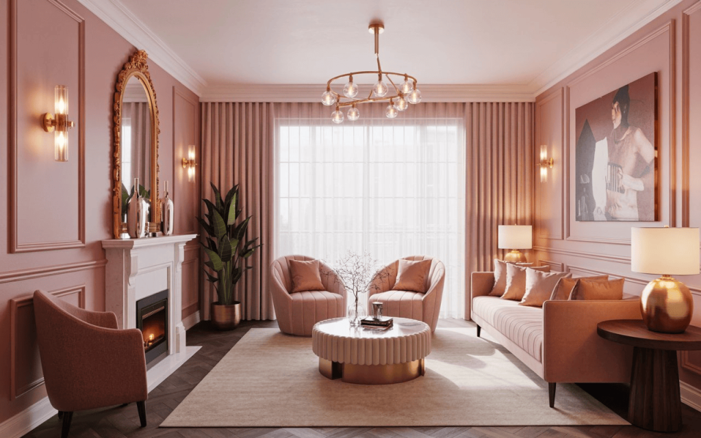 Elegant pink and gold living room ideas featuring metallic fixtures and plush wall panels.