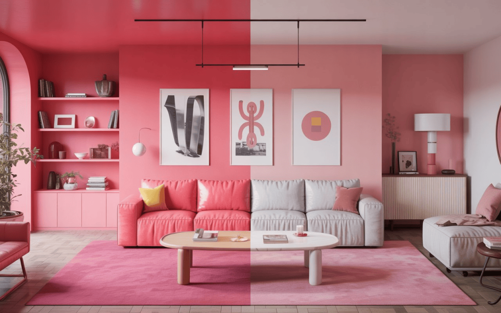 Modern pink living room ideas with dual-tone sofa, wall art, pink decor accents and cozy contemporary layout
