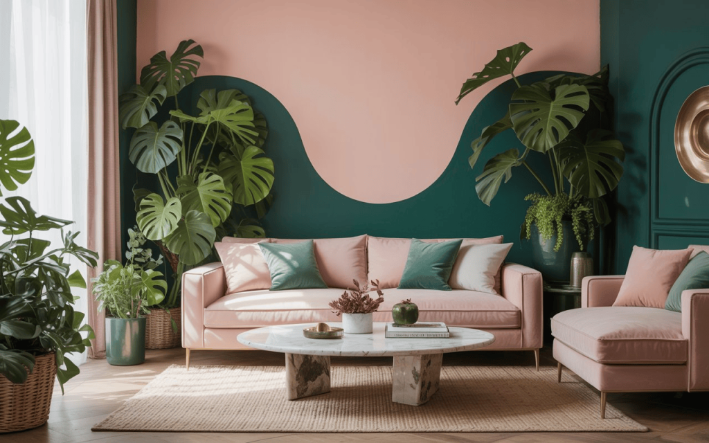 Refreshing pink and green living room ideas with emerald walls and lush indoor plants.