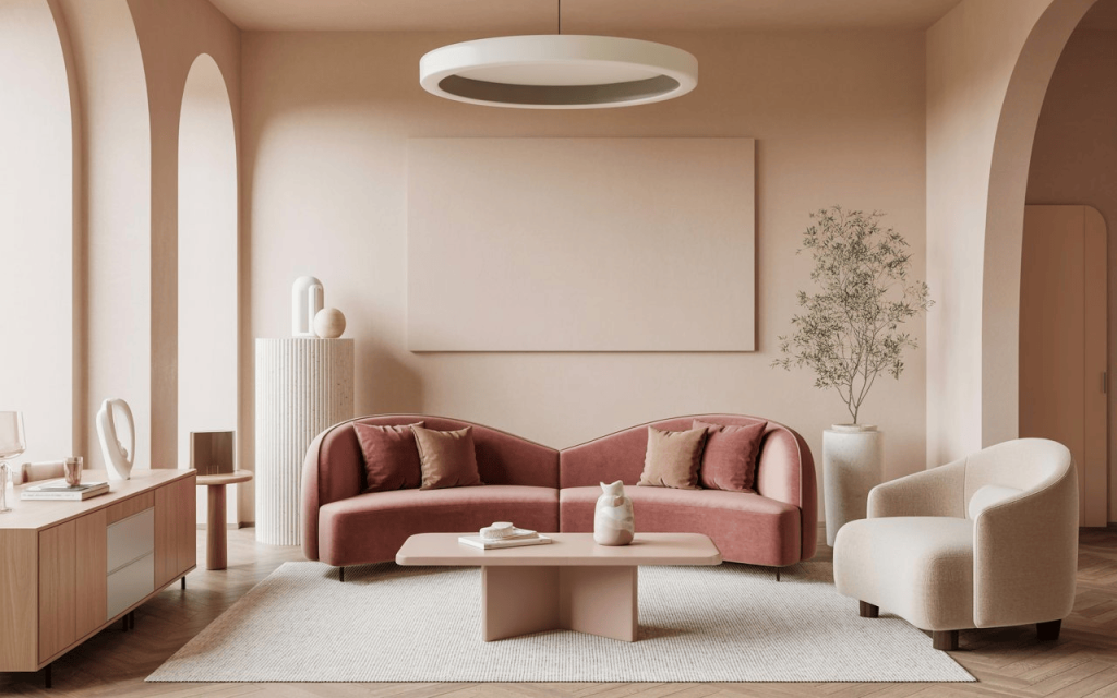 A curved velvet pink couch living room ideas centerpiece in a minimalist apartment.