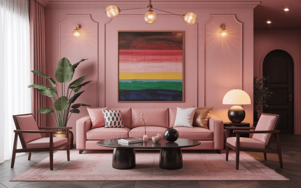 Vibrant pink living room decor ideas featuring a leather sofa and colorful wall art.