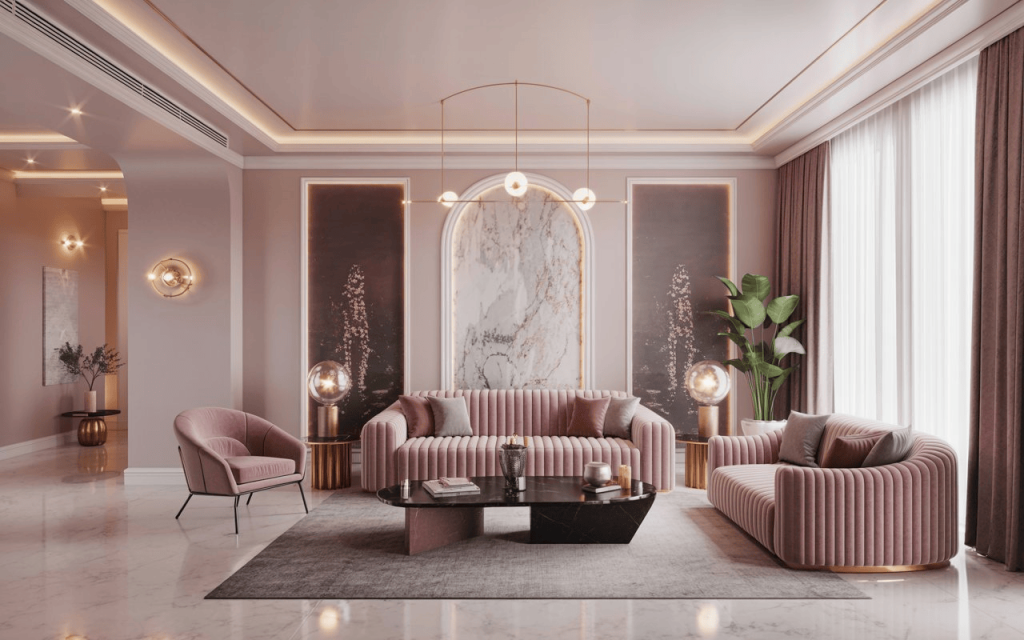 Stylish pink sofa living room ideas with blush tones, modern lighting, marble accents and elegant decor