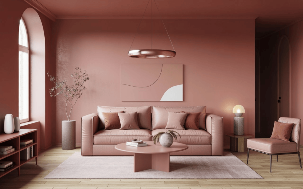 Stylish pink sofa living room ideas with blush walls, modern couch, round table and soft lighting