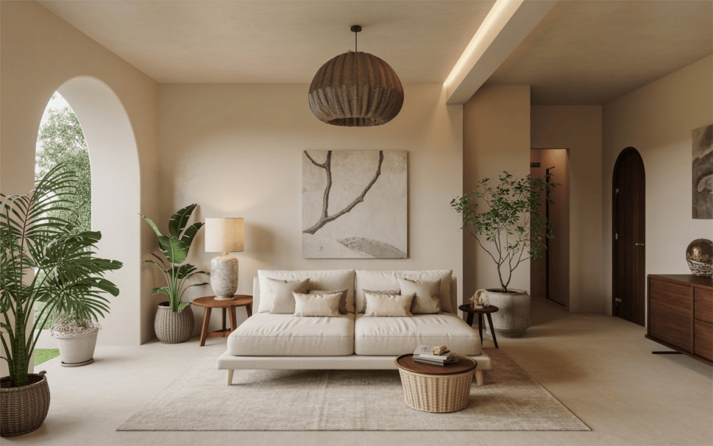 Calming psychology of interior design with neutral tones, natural light and minimal cozy living room setup