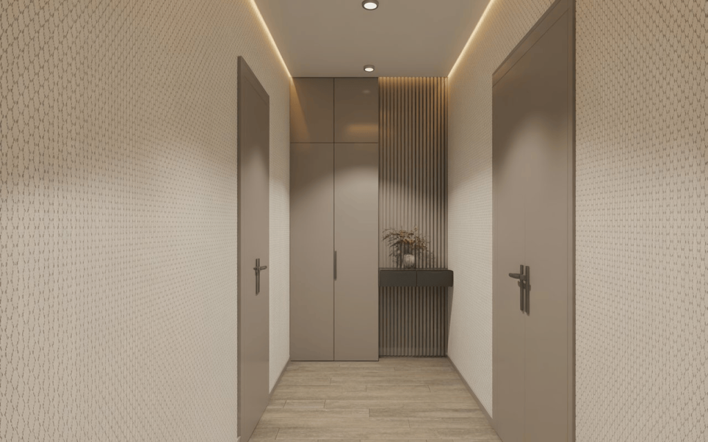 Small hallway wallpaper ideas with subtle texture creating clean and spacious narrow corridor look