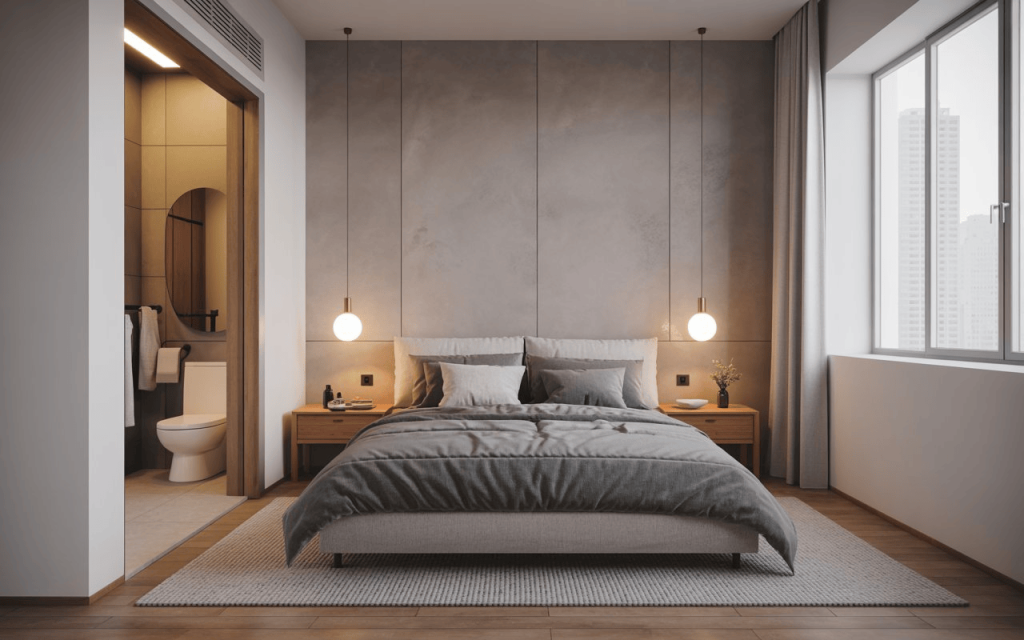 Modern headboard against a solid wall to ensure the best direction to sleep for health.