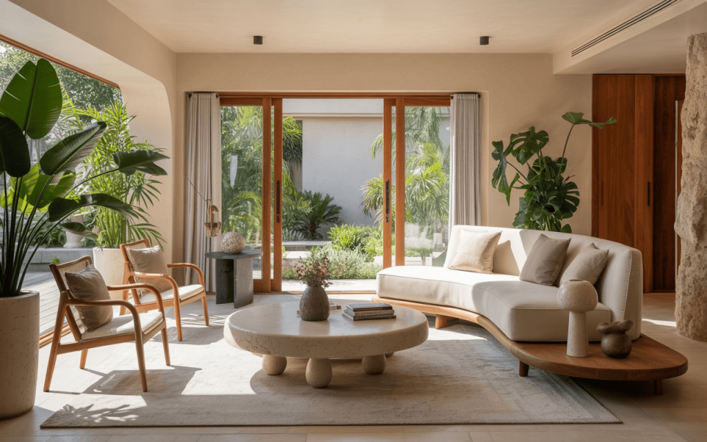 Bright interior design and psychology with natural light, greenery, and calming neutral living room space