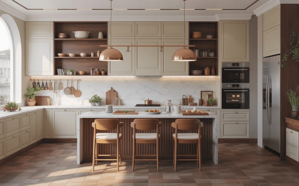 Kitchen slab design with marble countertop and elegant cabinets in warm kitchen interior