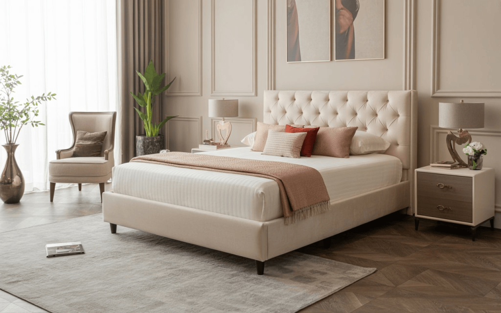 An elegant cream upholstered bed with hydraulic storage and a tufted headboard in a room.