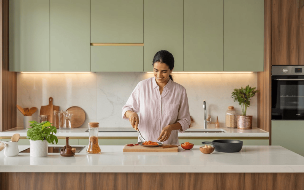 Modern open kitchen slab design with woman cooking on sleek counter and minimalist cabinets
