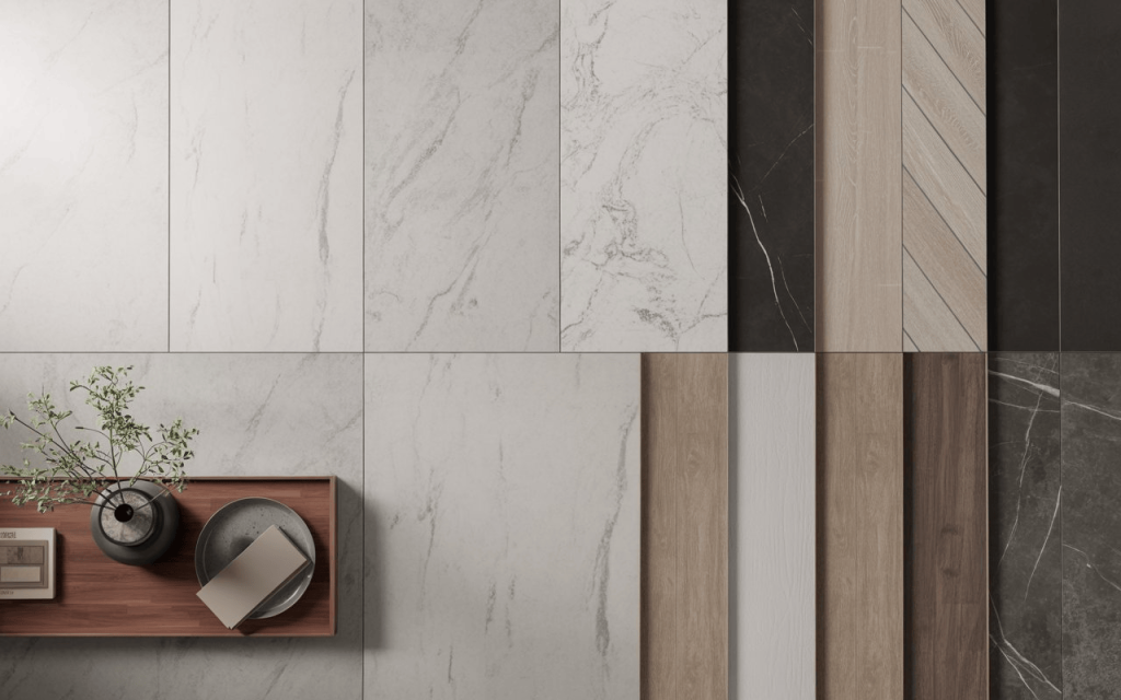 A collection of low cost flat interior design ideas featuring marble and wood laminates.