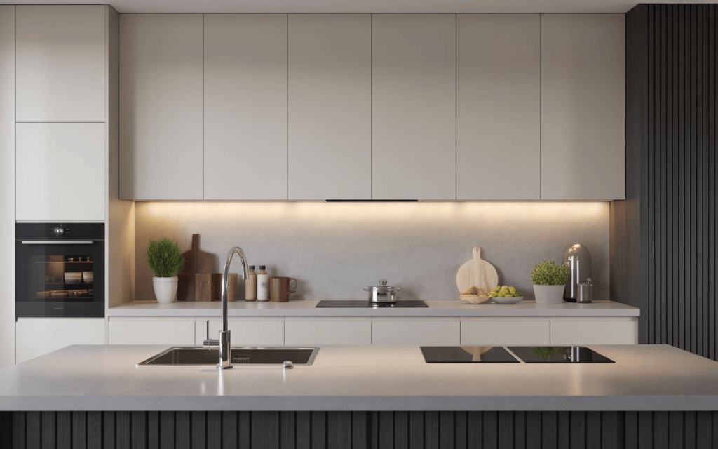 Simple kitchen slab design with sleek countertop and modern cabinets in clean contemporary kitchen