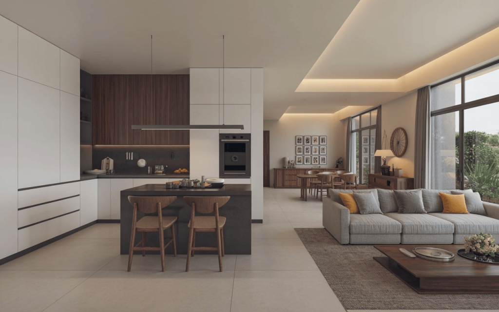 Modular kitchen slab design with island counter and open living space modern interior