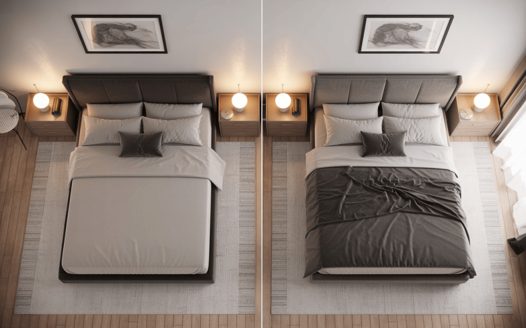 A top view of two beds showing the orientation for in which direction we should sleep.