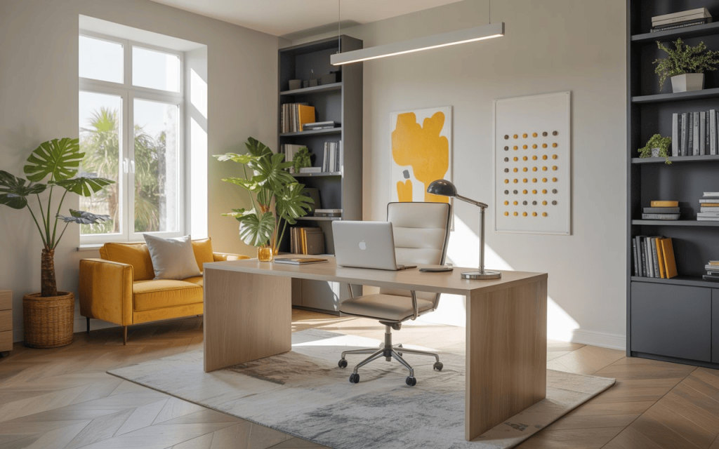 Psychology of interior design workspace with natural light, yellow accents and productive modern home office