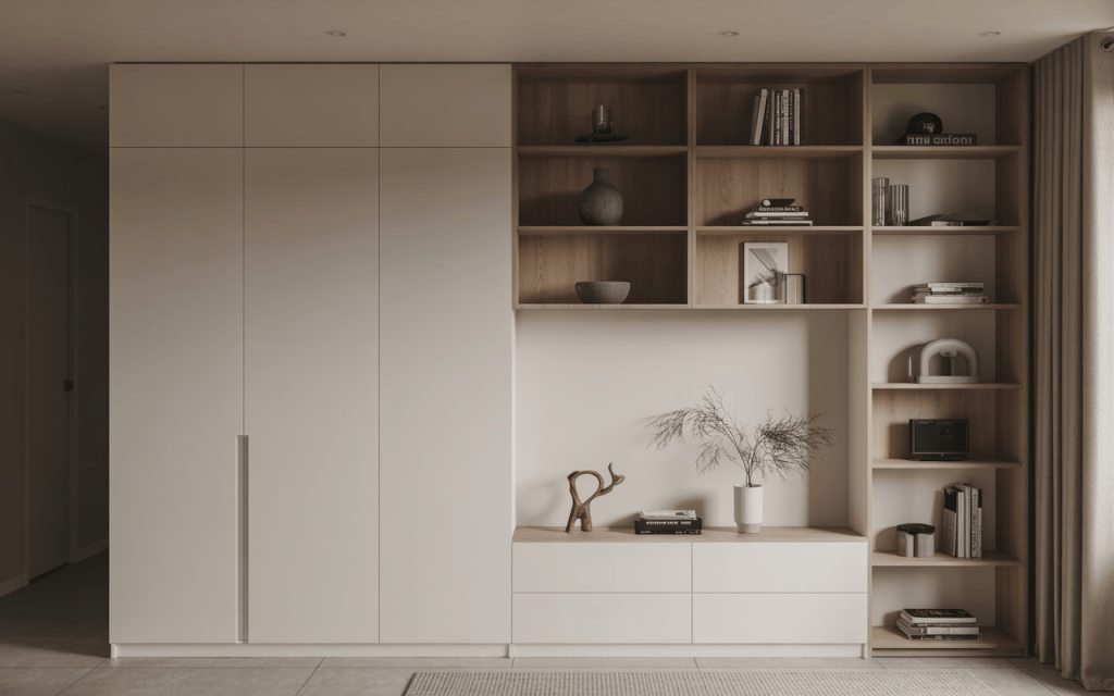 Psychology of interior design with neutral tones, clean shelving, and clutter-free modern storage wall