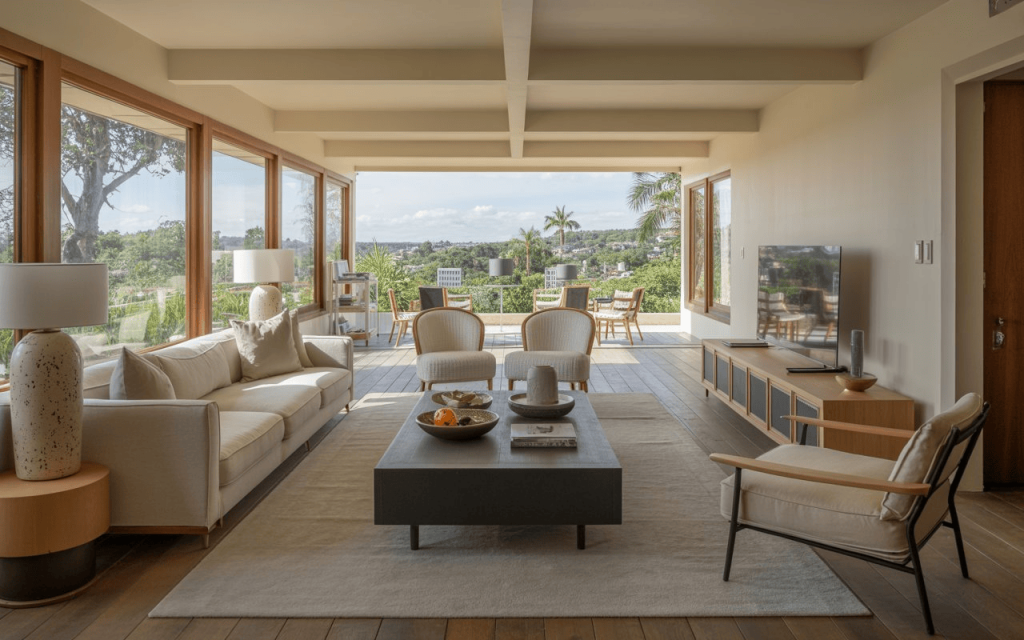 Bright psychology of interior design with natural light, open layout, and calming neutral modern living room