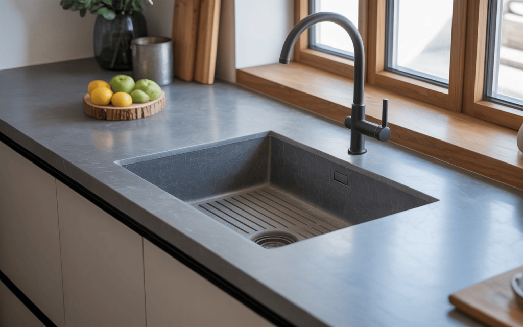 Small kitchen slab design with sink and sleek stone countertop near window in minimalist space