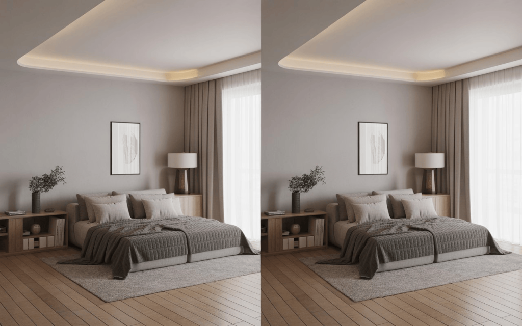 Minimal low height false ceiling design with soft cove lighting in modern bedroom interior