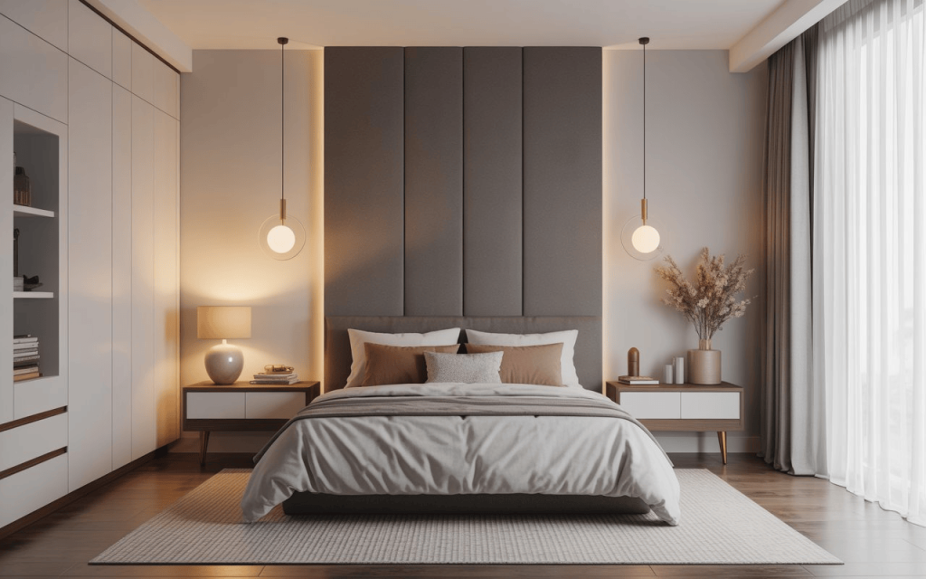 Modern headboard against a solid wall to ensure the best direction to sleep for health.