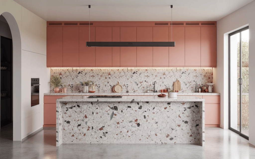 Kitchen slab tiles design with terrazzo island and stylish cabinets in contemporary kitchen
