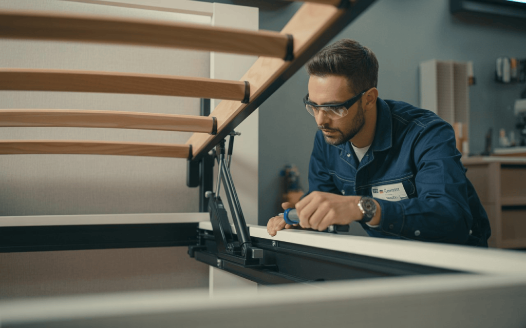 A technician carefully installs a high-performance hydraulic pump for bed mechanisms.