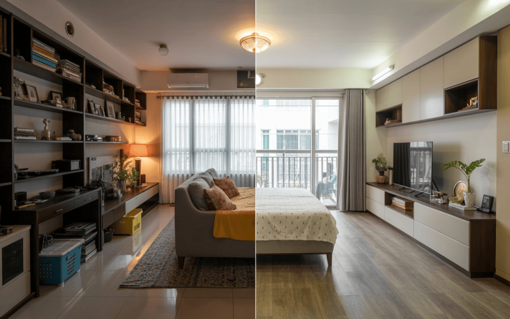 Psychology of interior design showing lighting contrast between cozy and bright living room setup