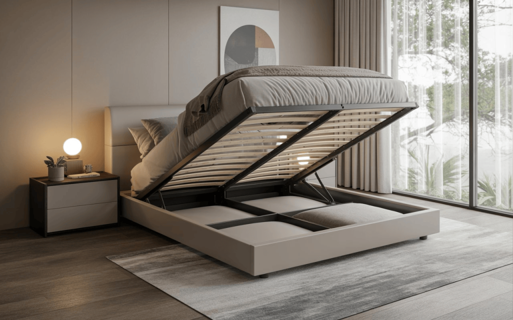 A modern king size bed with hydraulic storage lifted to reveal a spacious internal compartment.