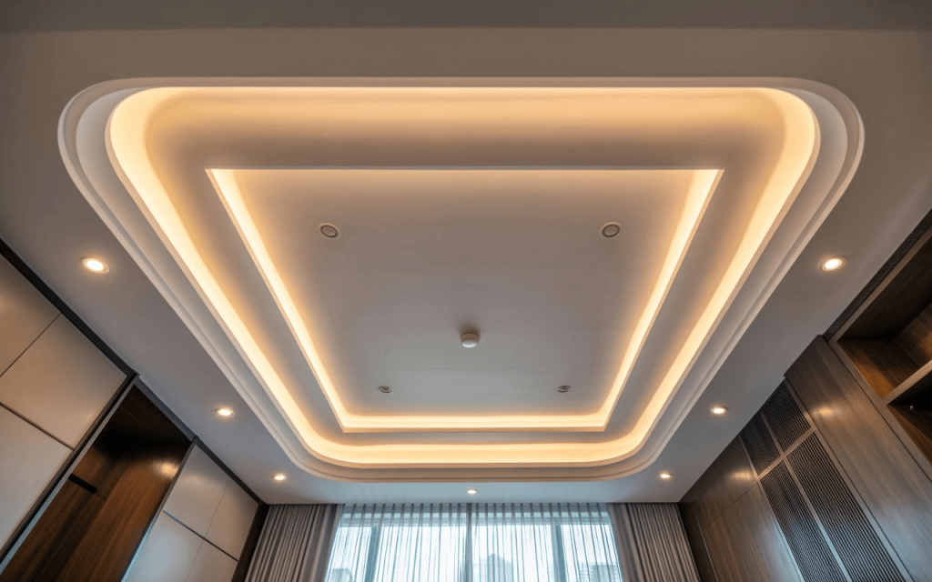 Modern false ceiling design with layered LED cove lighting in stylish contemporary room