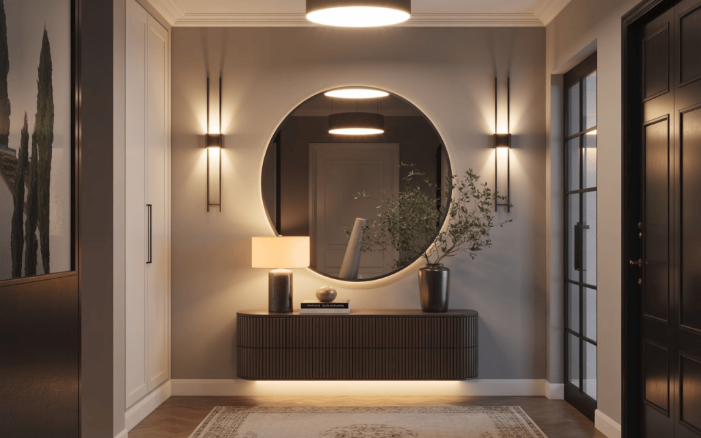 Stylish foyer decor ideas with round mirror console table warm lighting and modern elegant entrance