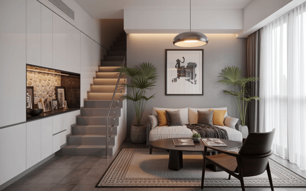 Modern low budget 2bhk interior design featuring a grey accent wall and a compact staircase.