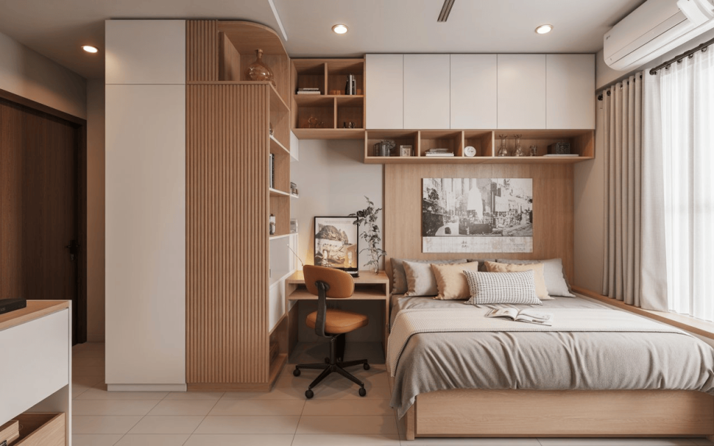  Space-saving low budget bedroom 2 bhk flat interior design with a built-in study and bed.