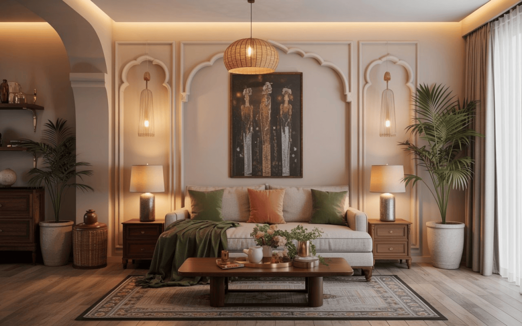 A beautiful low budget flat interior design with traditional arched wall moldings and lamps.