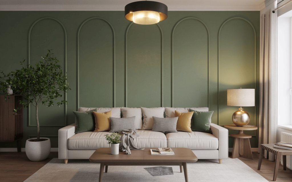 A sage green paneled wall creates a premium low budget flat interior design in this lounge.