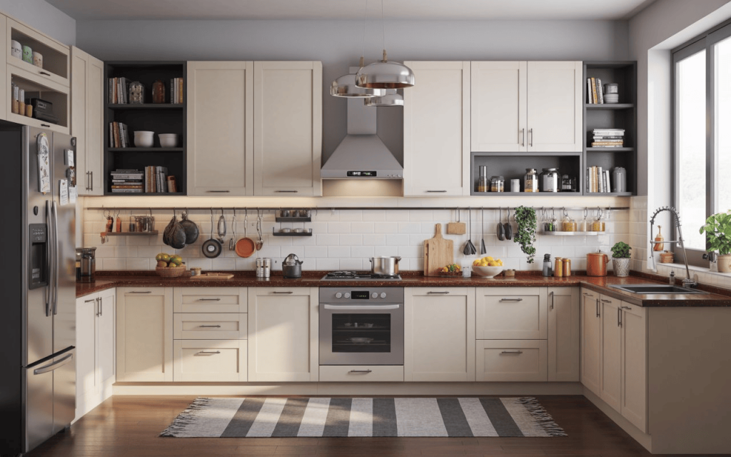 Functional low budget kitchen 2 bhk flat interior design with cream cabinets and subway tiles.