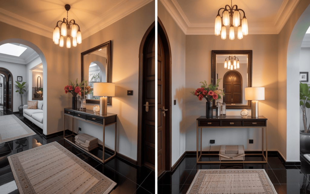 Elegant entryway decor with mirror, console table warm lighting, and floral accents in modern foyer