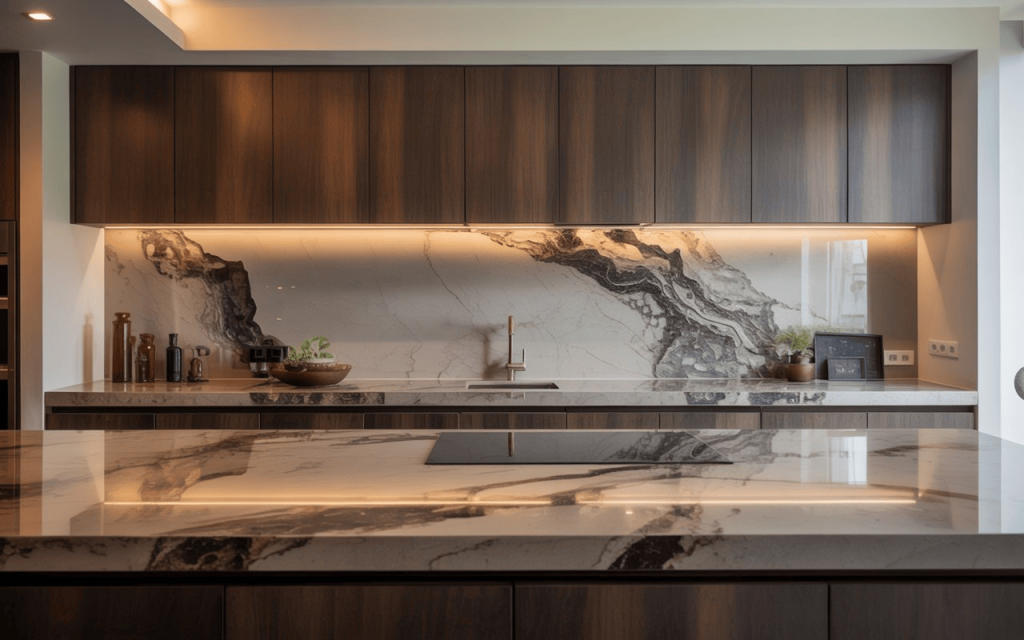 Elegant modular kitchen slab design with marble backsplash and wooden cabinets modern interior