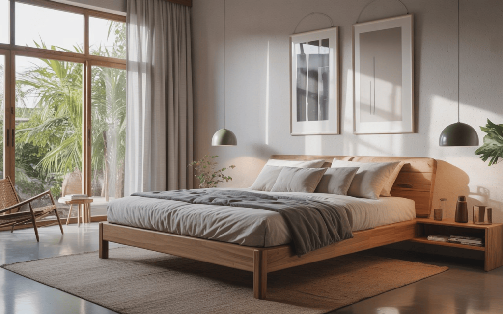  A minimalist wooden hydraulic bed design featuring a sleek headboard in a sunlit bedroom.