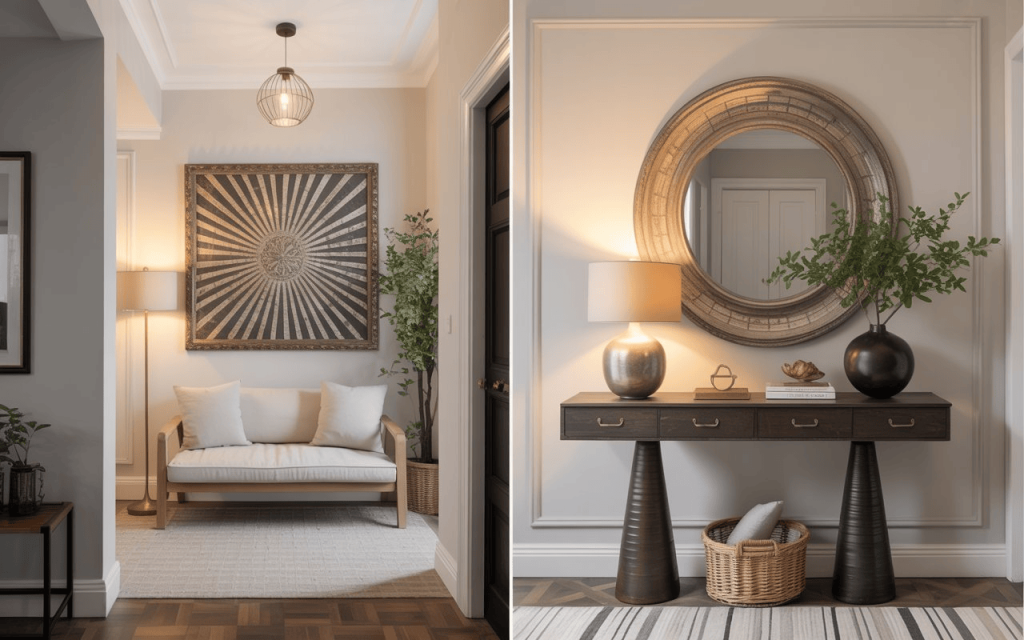 Elegant foyer decor ideas with round mirror console table and cozy seating in stylish entryway space