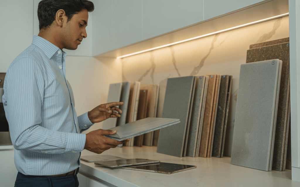 Premium kitchen slab granite design selection with man choosing stone samples for modern kitchen