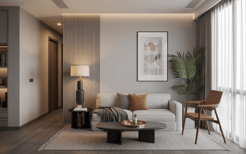 Minimalist 2 bhk flat interior design low budget living room with fluted wall paneling.