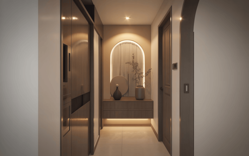 Modern entryway decor ideas with arched niche wooden console and soft lighting in minimalist hallway