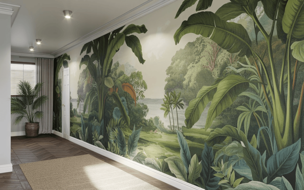 Creative hallway wallpaper ideas with tropical mural design adding depth to long narrow hallway