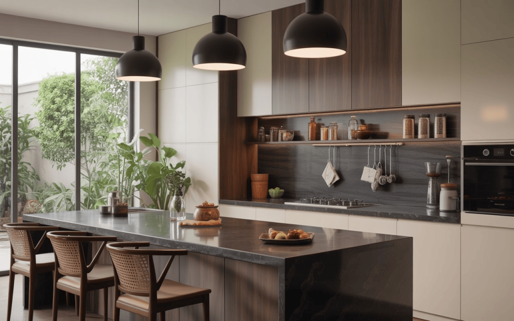 Elegant kitchen slab stone design with island counter and modern cabinets in stylish open kitchen