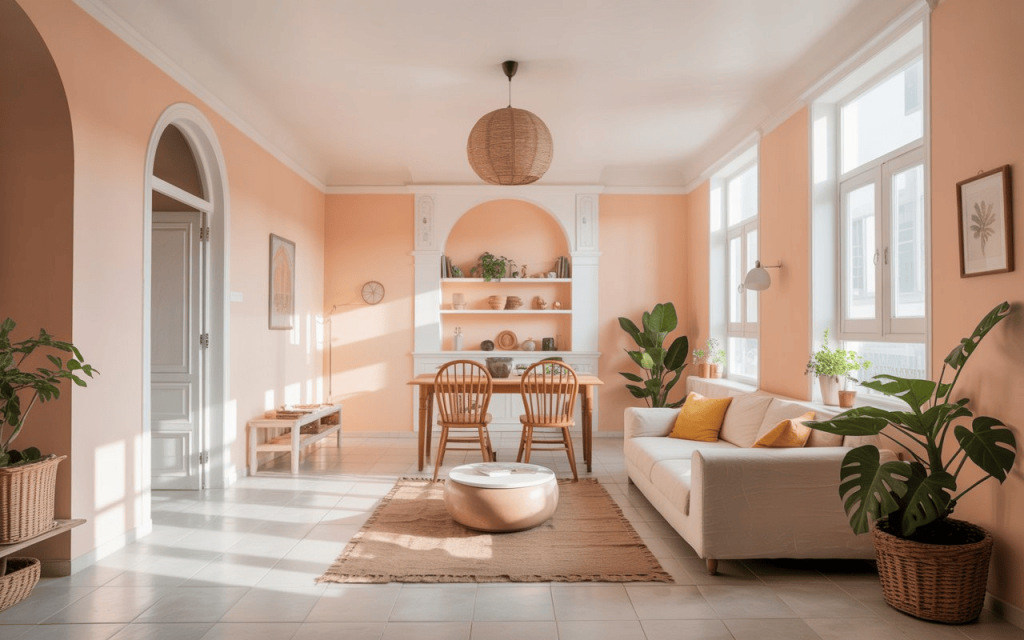 Simple false ceiling design with clean white finish in bright pastel living room interior